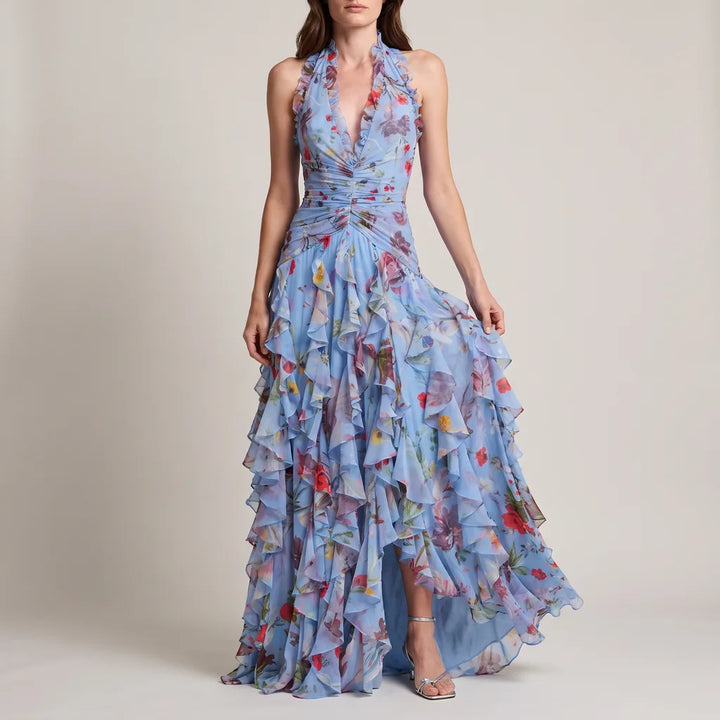 Savannah Floral Halter Dress - Color:Blue;Size:S