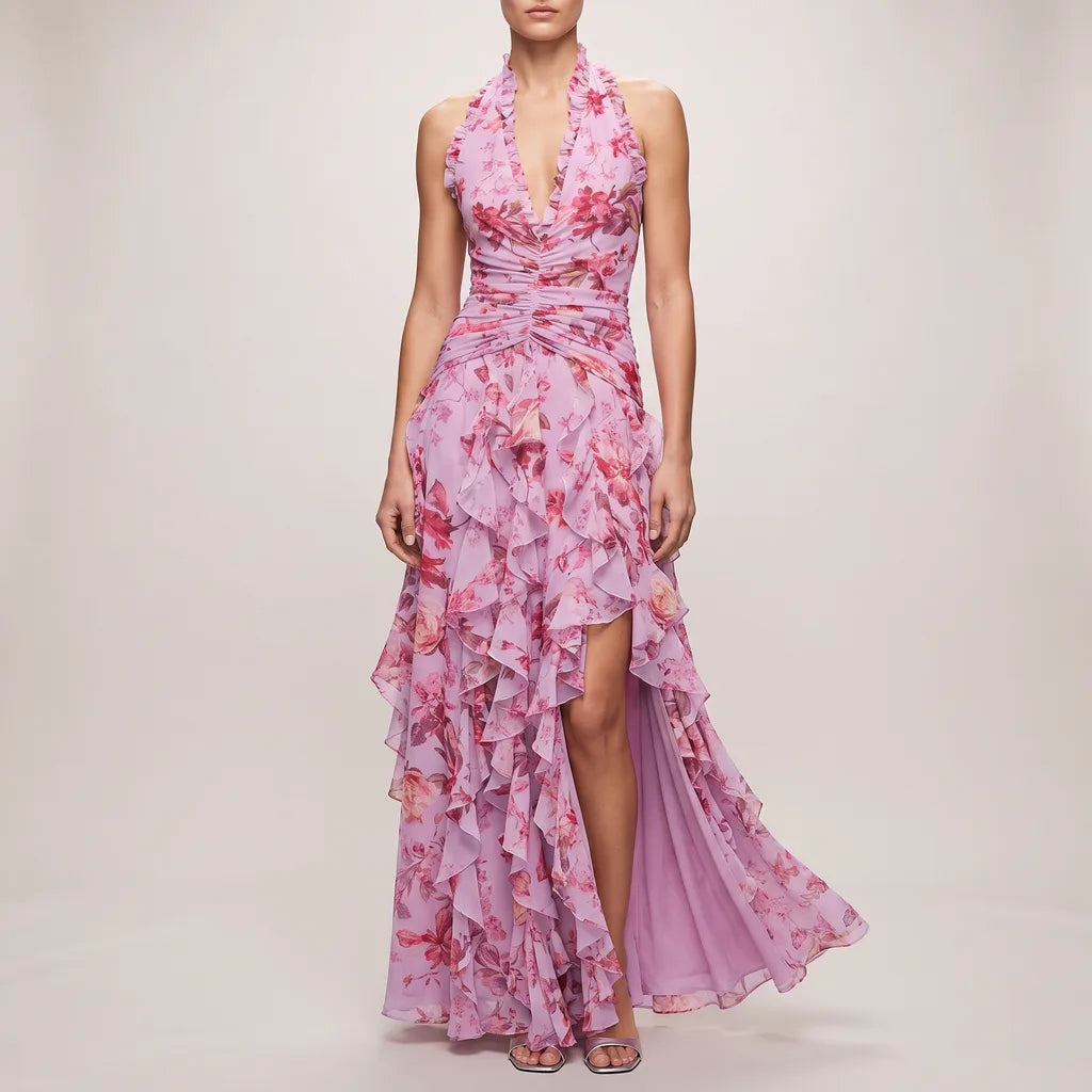 Savannah Floral Halter Dress - Color:Pink;Size:S