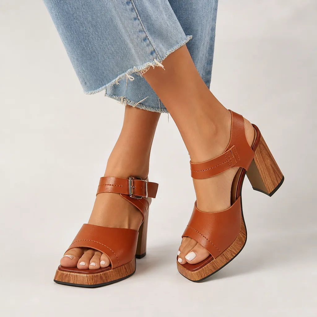 Seraphina Square Toe Platform Sandals - Color:Brown;Size:36