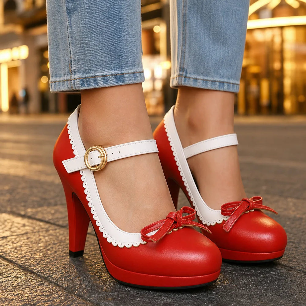 Women's Red Seraphina | Women's Orthopedic Bow Mary Jane Heels