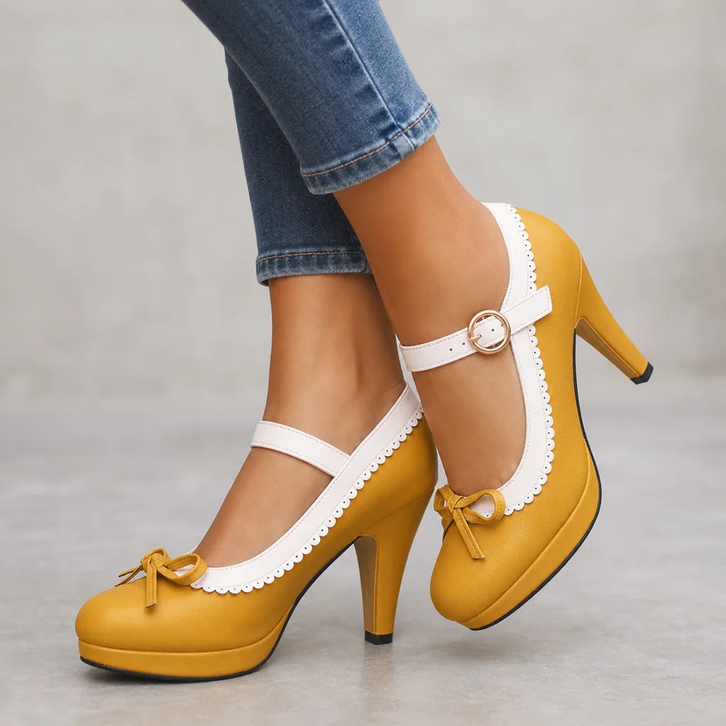 Women's Yellow Seraphina | Women's Orthopedic Bow Mary Jane Heels