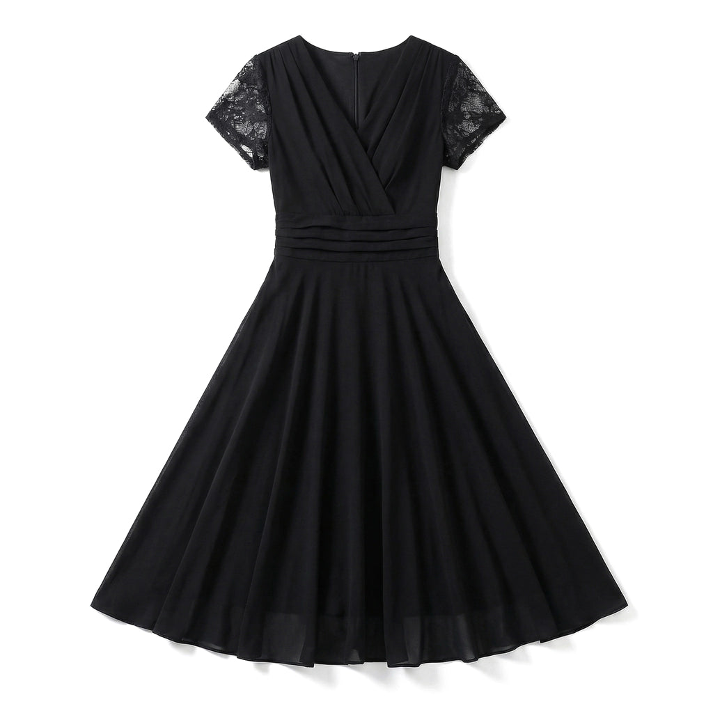 Serina Lace Chiffon Dress - Color:Black;Size:S