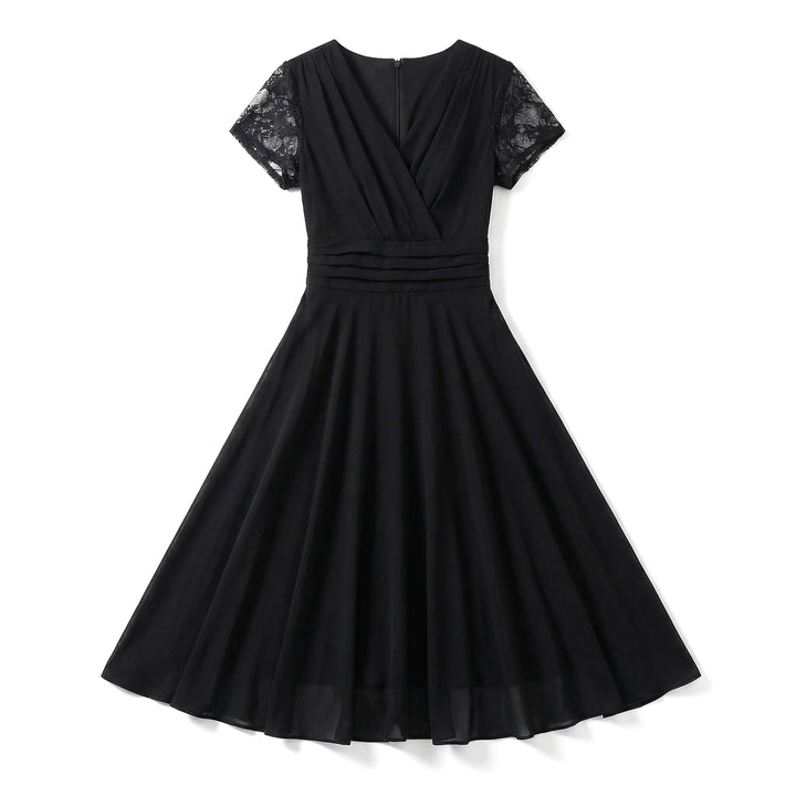 Serina Lace Chiffon Dress - Color:Black;Size:S
