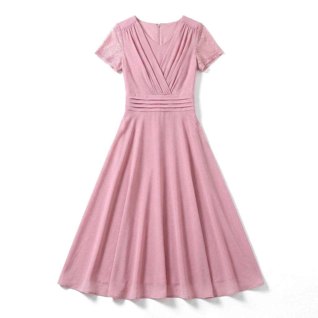 Serina Lace Chiffon Dress - Color:Pink;Size:S