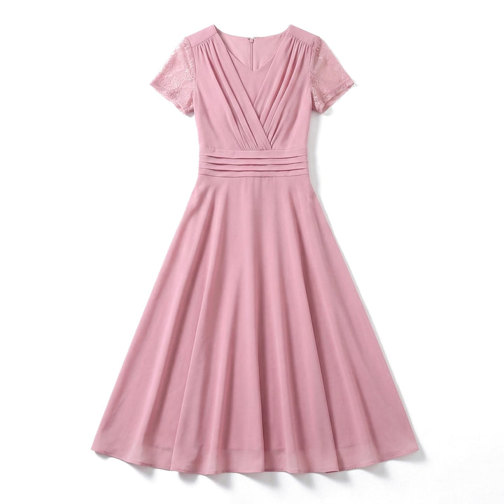 Serina Lace Chiffon Dress - Color:Pink;Size:S