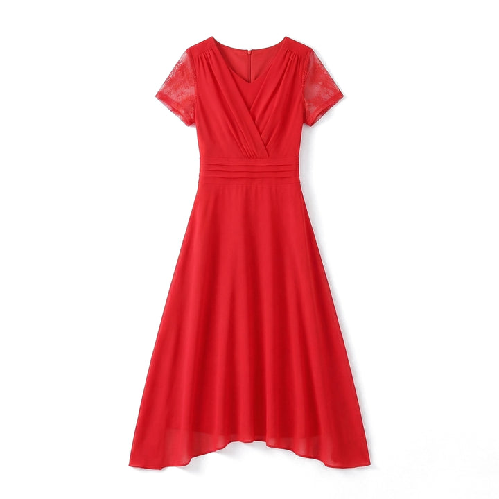 Serina Lace Chiffon Dress - Color:Red;Size:S