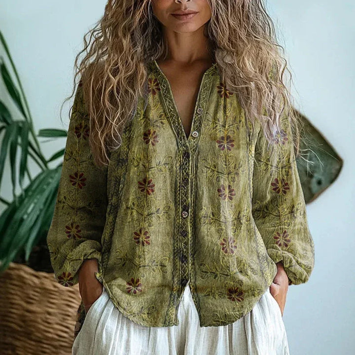 Shay | Women's Fall Leaf Vintage Blouse - Size:XS;Color:Green