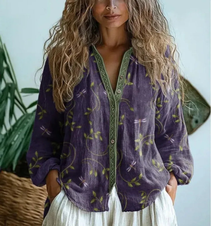 Shay | Women's Fall Leaf Vintage Blouse - Size:XS;Color:Purple