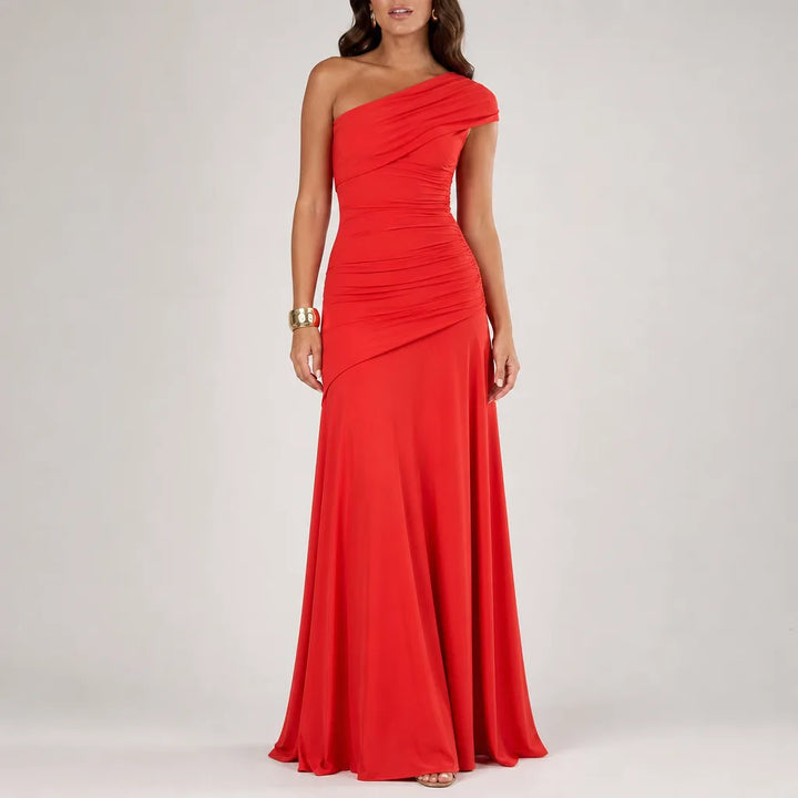 Shea One Shoulder Dress - Color:Red;Size:XS