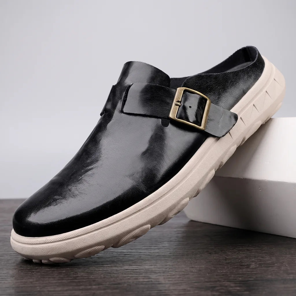 Men's Black Bowen Leather Buckle Mules