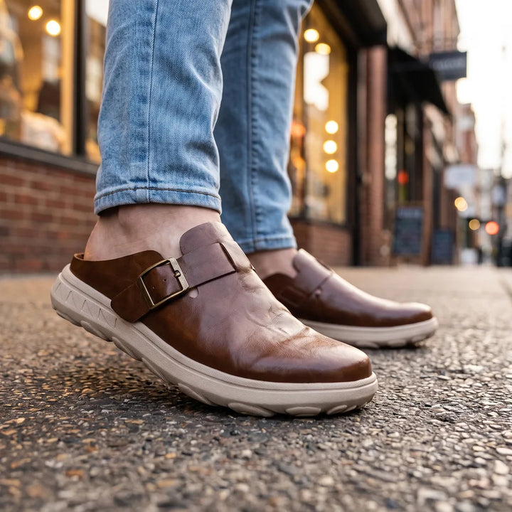 Men's Brown Bowen Leather Buckle Mules