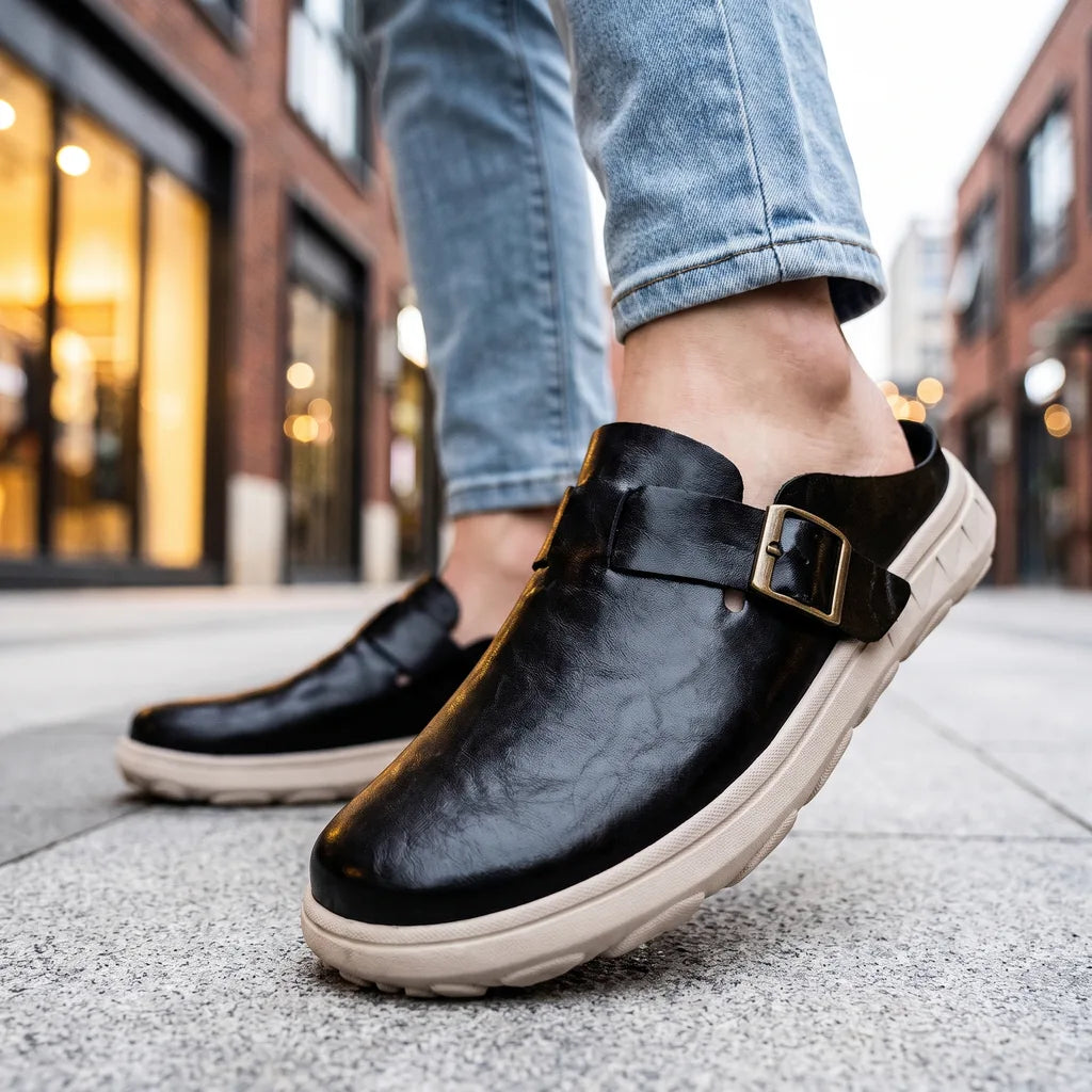 Men's Black Bowen Leather Buckle Mules