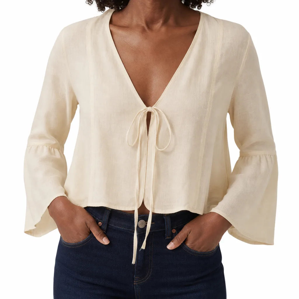 Simone | Women's Lace-up Kimono Top - Color:Beige;Size:S