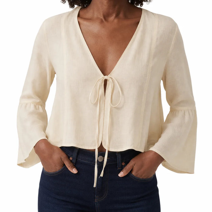 Simone | Women's Lace-up Kimono Top - Color:Beige;Size:S