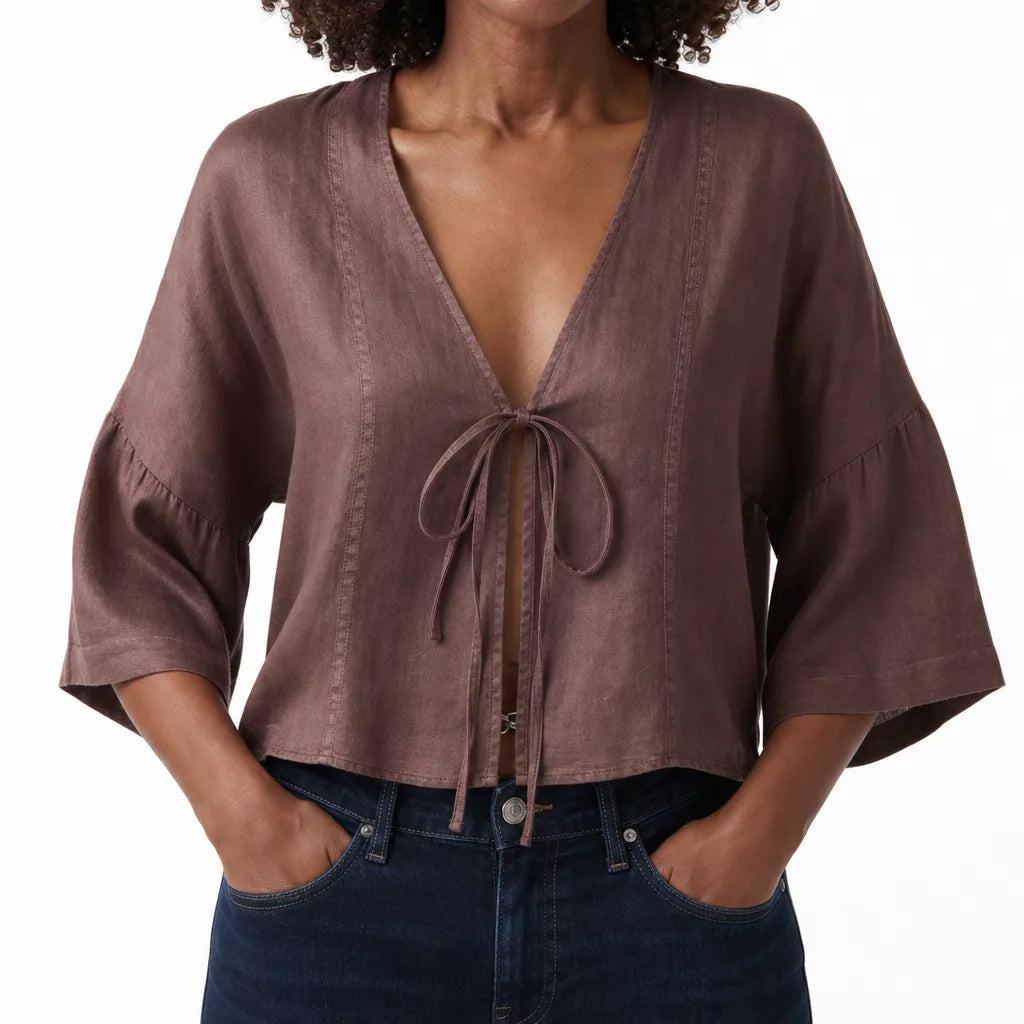 Simone | Women's Lace-up Kimono Top - Color:Brown;Size:S