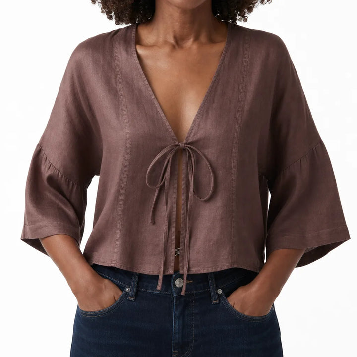 Simone | Women's Lace-up Kimono Top - Color:Brown;Size:S