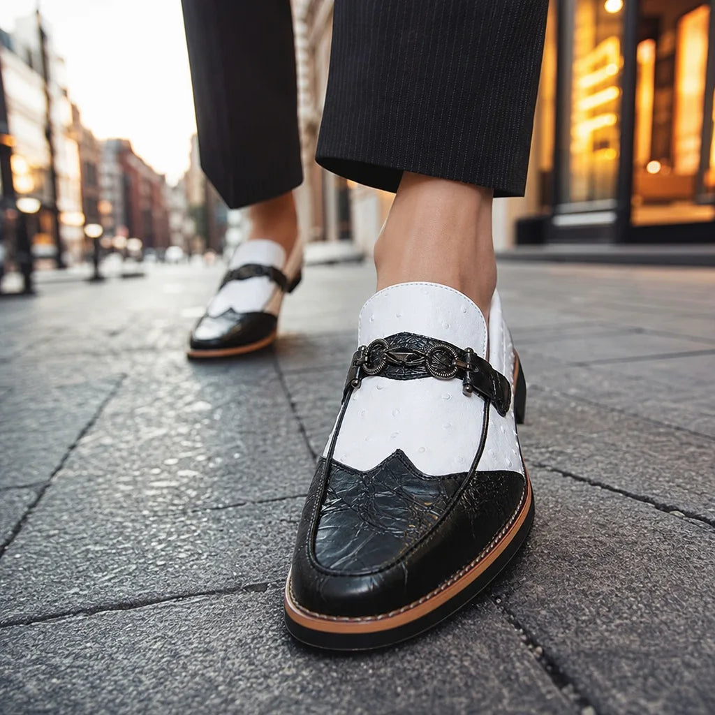 Men's Black White 3111 Audrey Pointed Leather Loafers