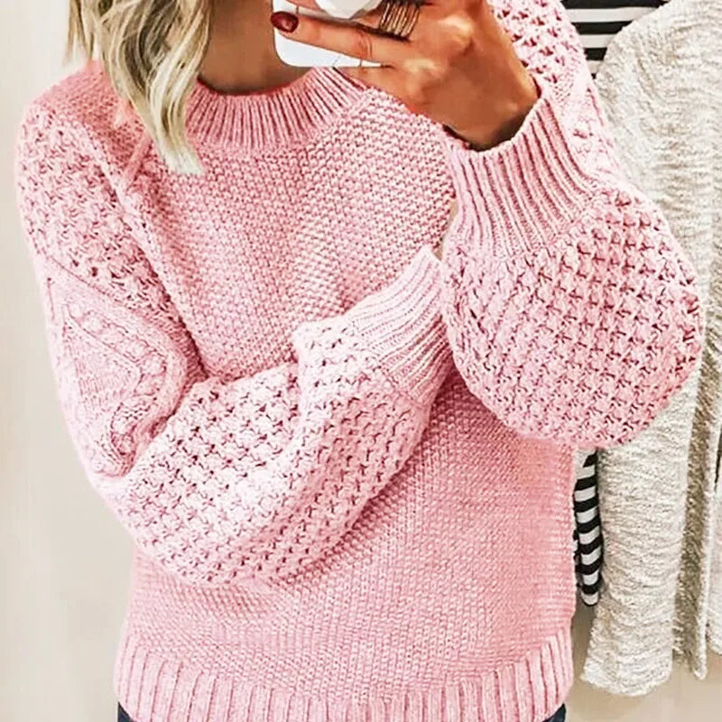 Sophie | Women's Cable Knit Lantern Sweater - Color:Pink;Size:XS