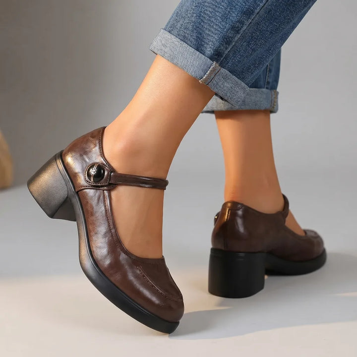 Stacey Chunky Heel Mary Janes - Color:Dark Brown;Size:35