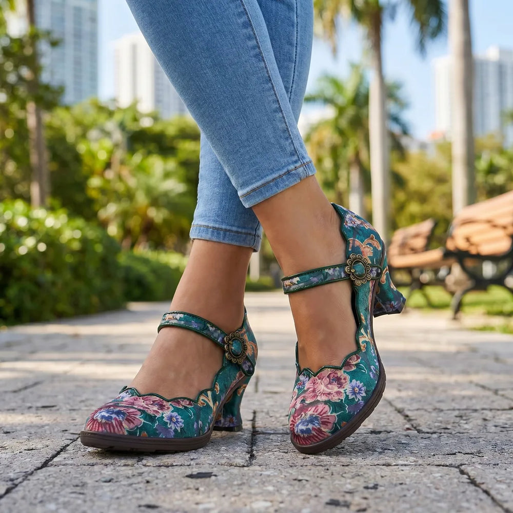 Dark Green Eliza Leather Mary Jane Pumps 1