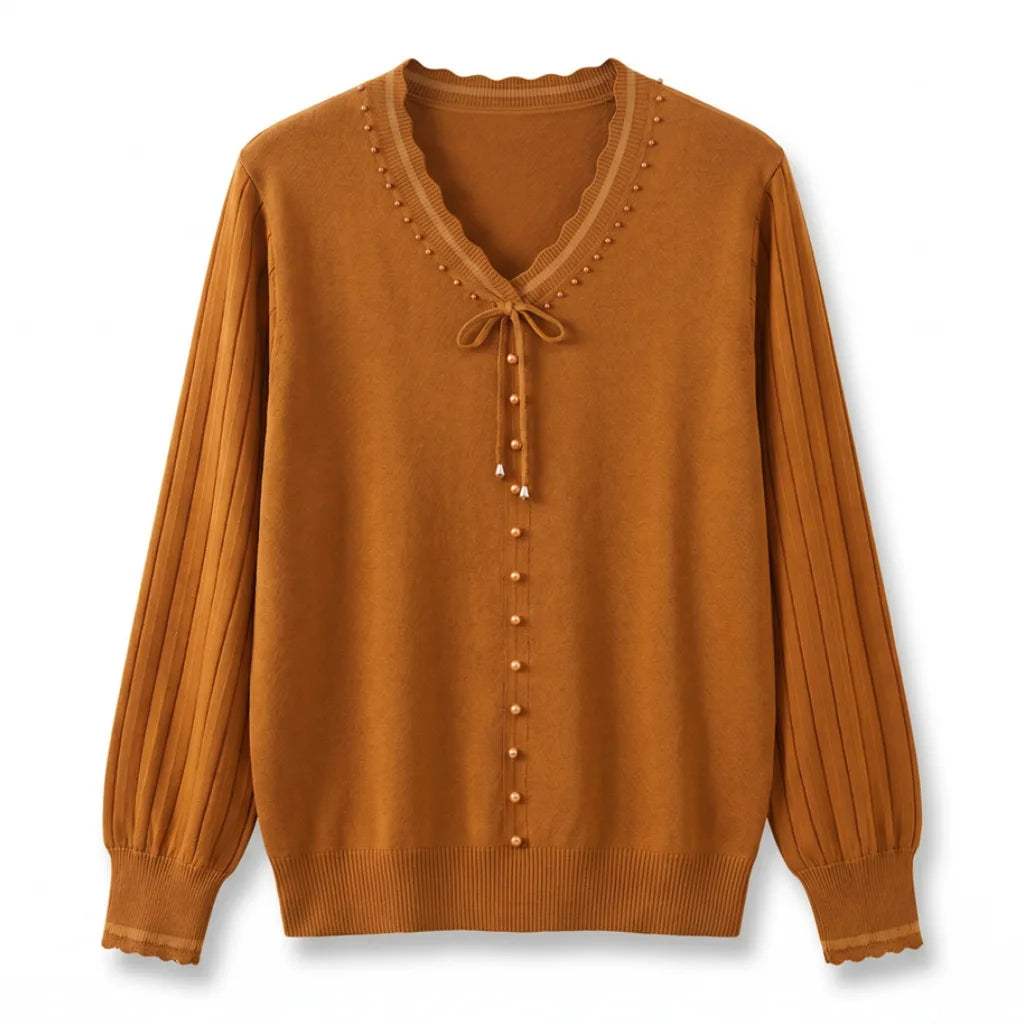 Tally V-Neck Knit Shirt - Color:Mustard yellow;Size:M