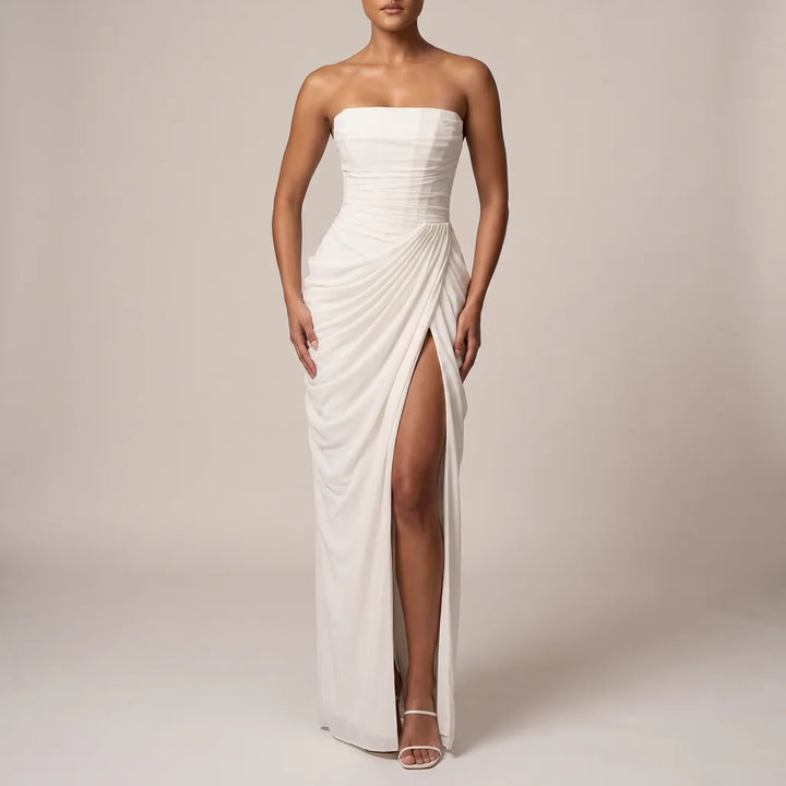 Tanya Ruched Strapless Dress - Color:White;Size:S