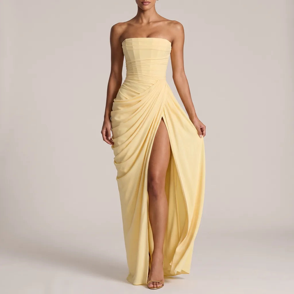 Tanya Ruched Strapless Dress - Color:Yellow;Size:S