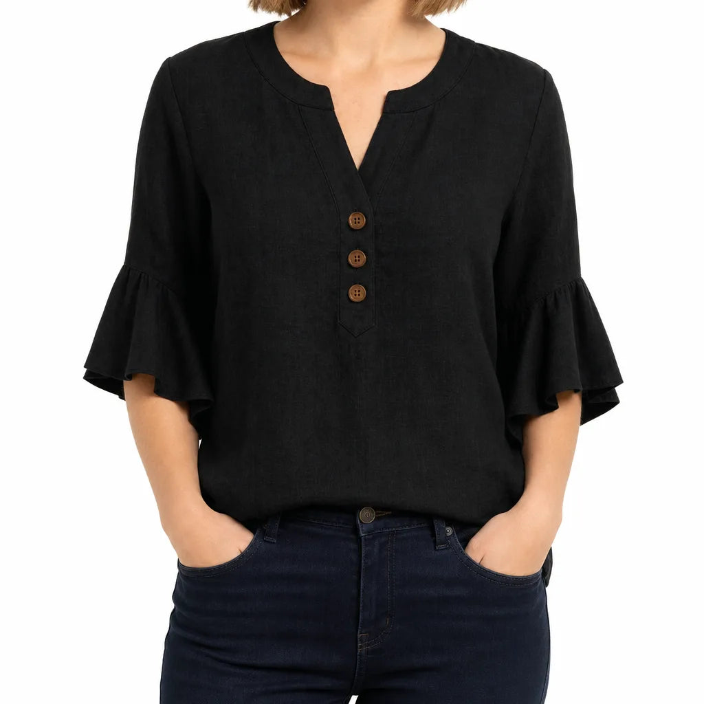 Thayer | Womens Ruffle Sleeve Blouse - Color:Black;Size:XS