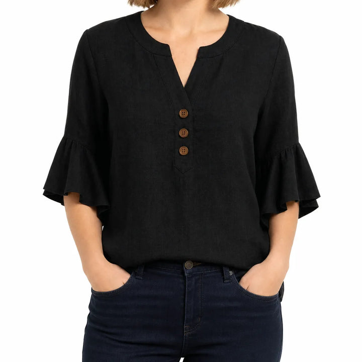 Thayer | Womens Ruffle Sleeve Blouse - Color:Black;Size:XS