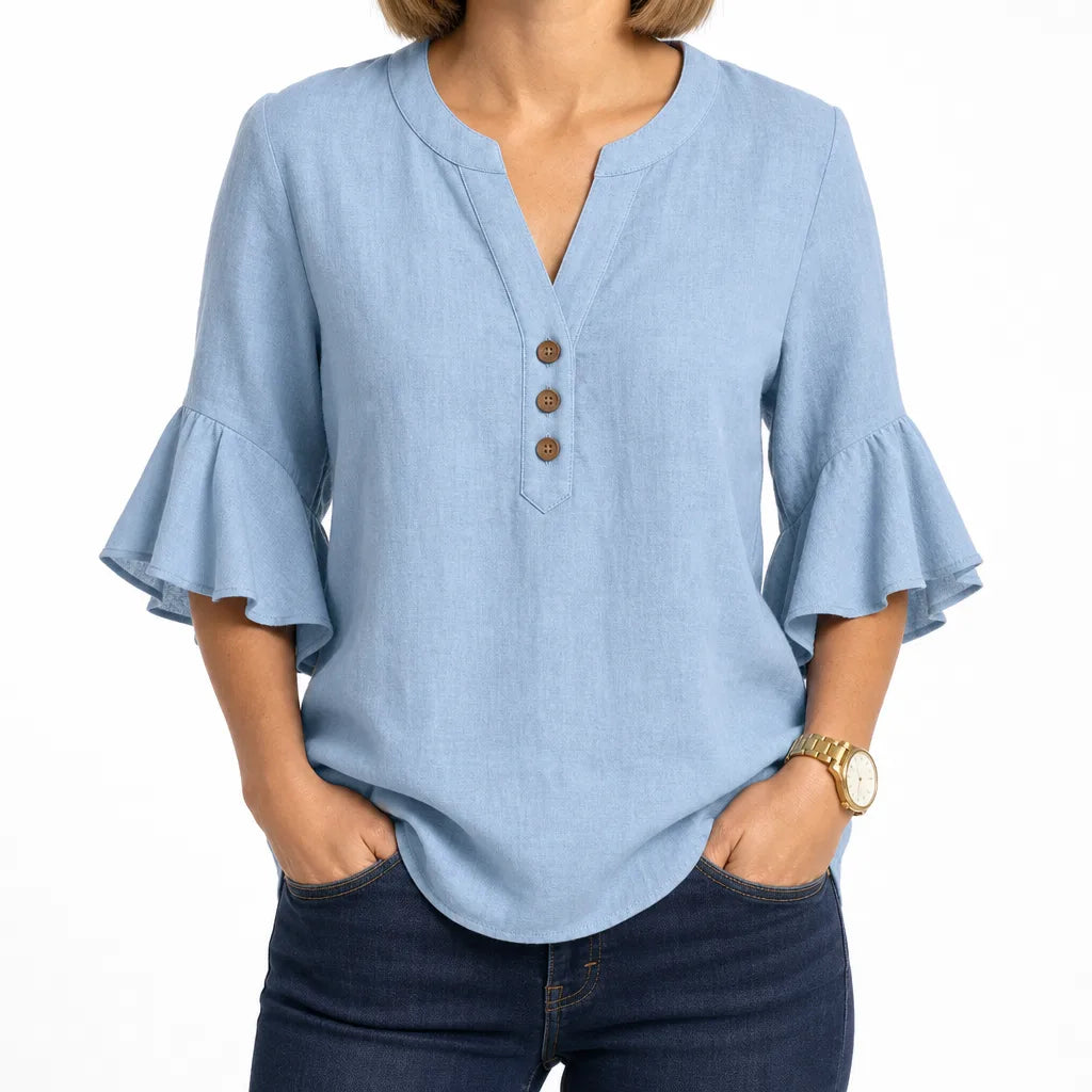 Thayer | Womens Ruffle Sleeve Blouse - Color:Blue;Size:XS