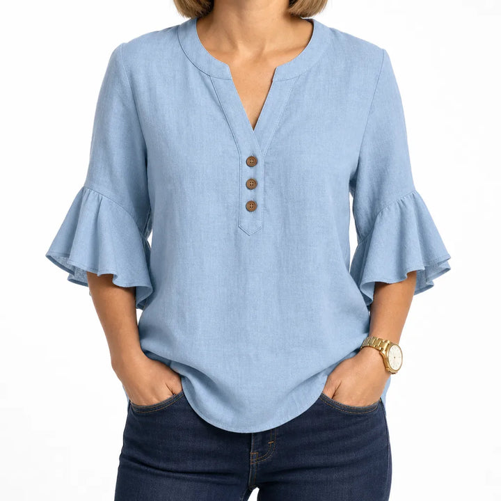 Thayer | Womens Ruffle Sleeve Blouse - Color:Blue;Size:XS