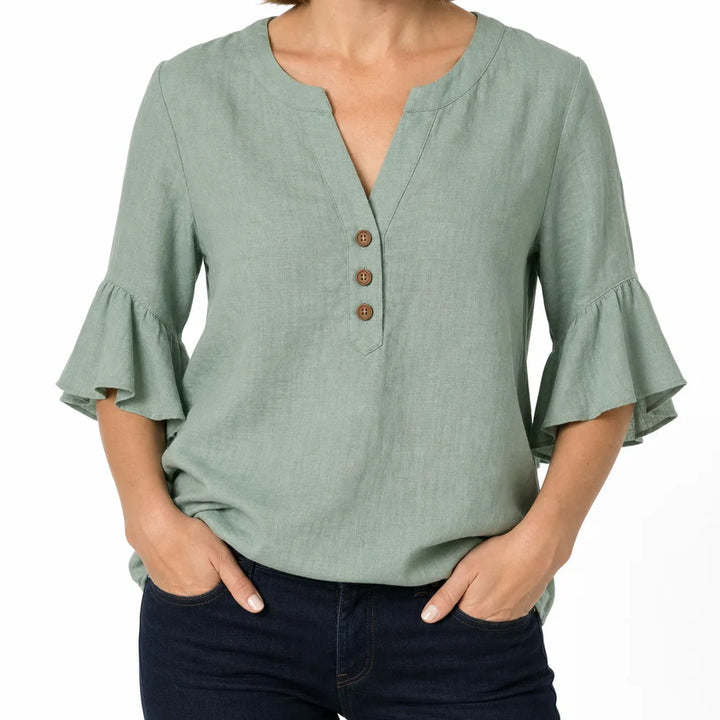 Thayer | Womens Ruffle Sleeve Blouse - Color:Green;Size:XS