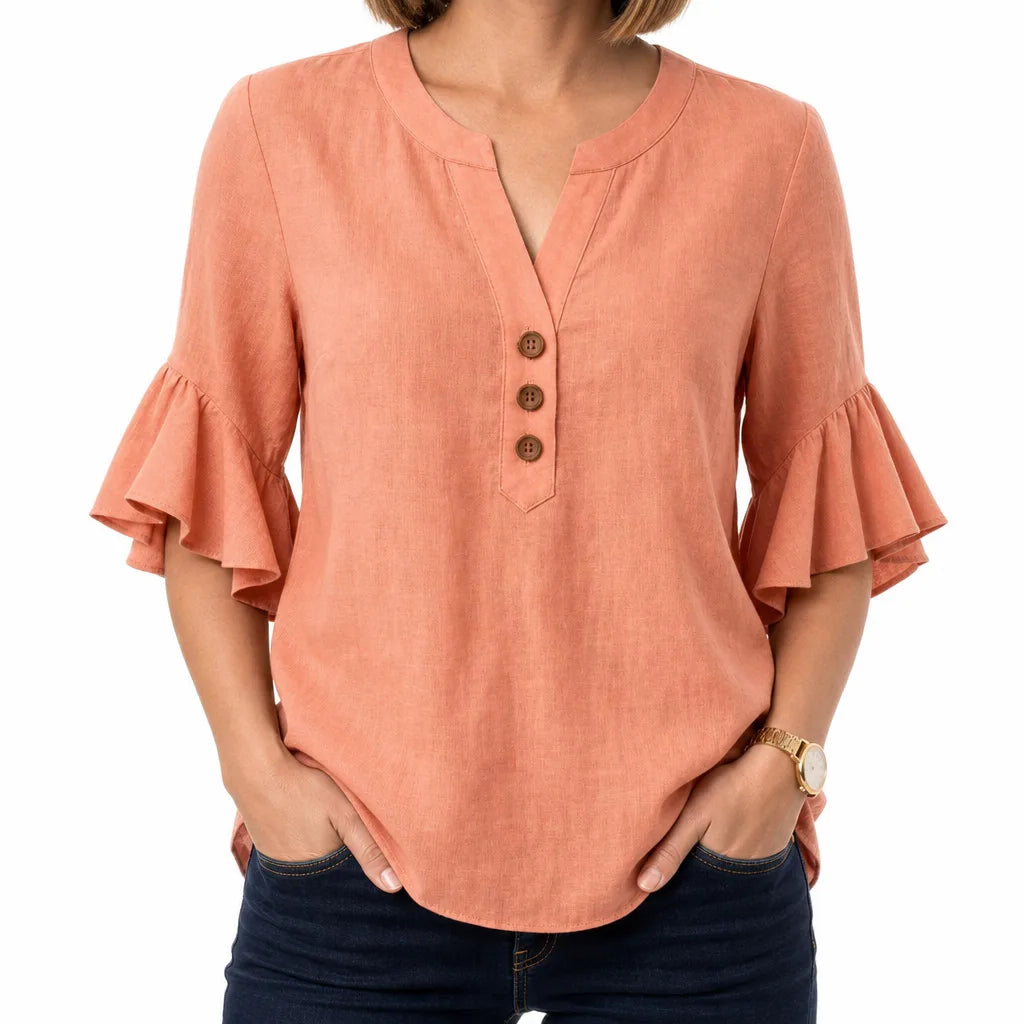 Thayer | Womens Ruffle Sleeve Blouse - Color:Orange;Size:XS