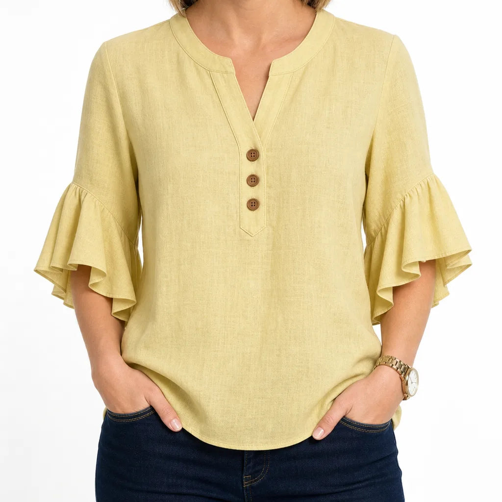 Thayer | Womens Ruffle Sleeve Blouse - Color:Yellow;Size:XS