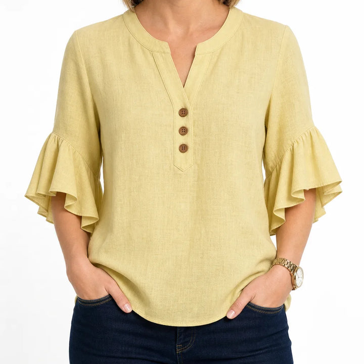 Thayer | Womens Ruffle Sleeve Blouse - Color:Yellow;Size:XS