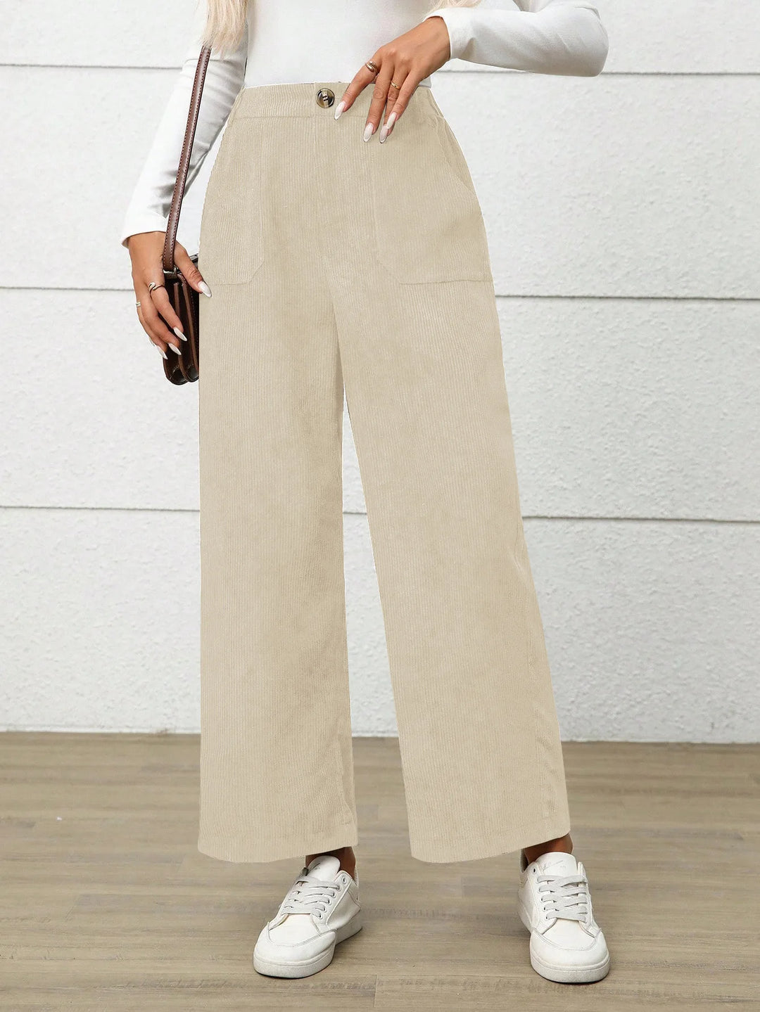 Thea | Women's High Waist Wide Leg Pants - Color:Apricot;Size:XS