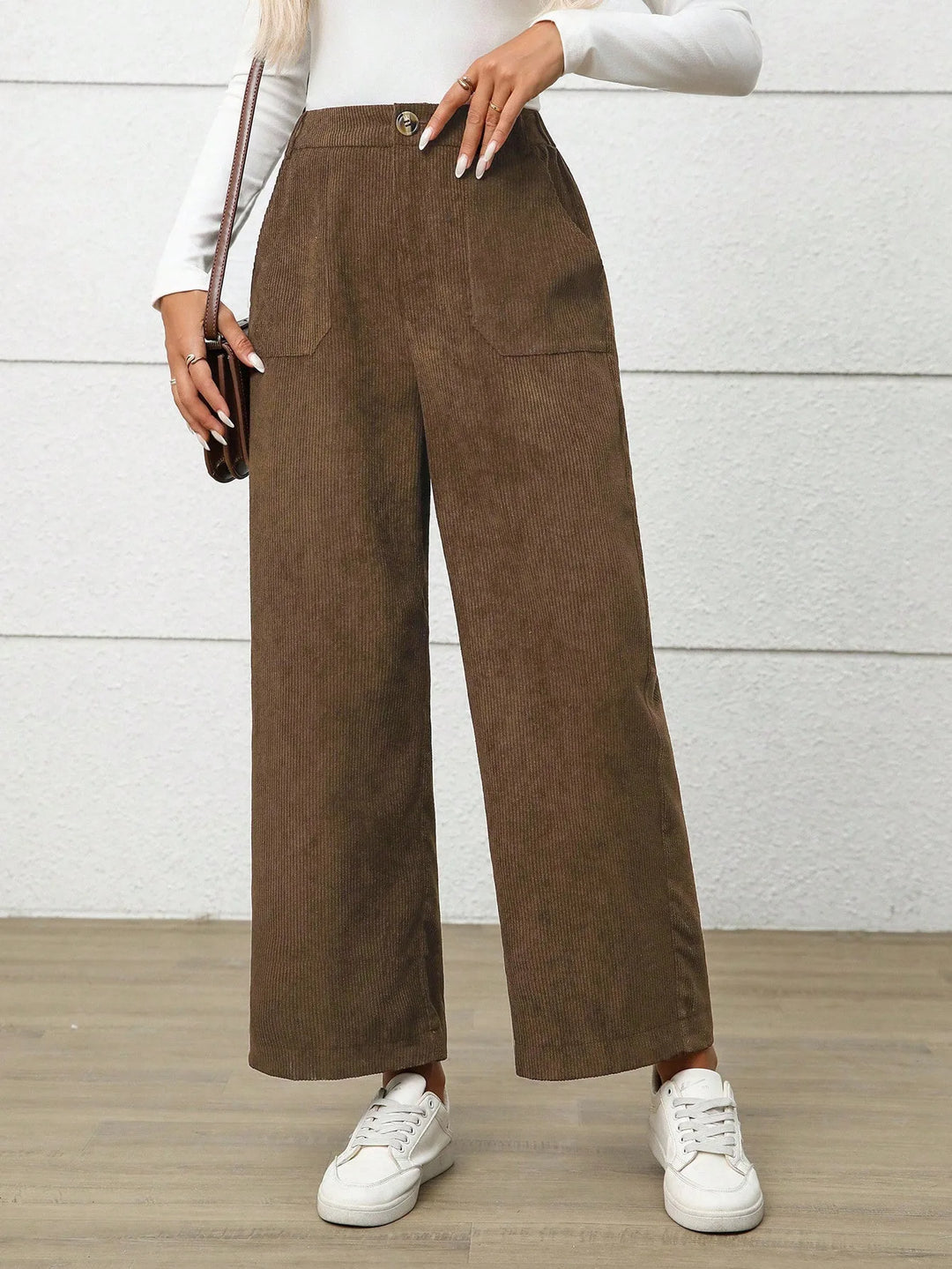 Thea | Women's High Waist Wide Leg Pants - Color:Brown;Size:XS