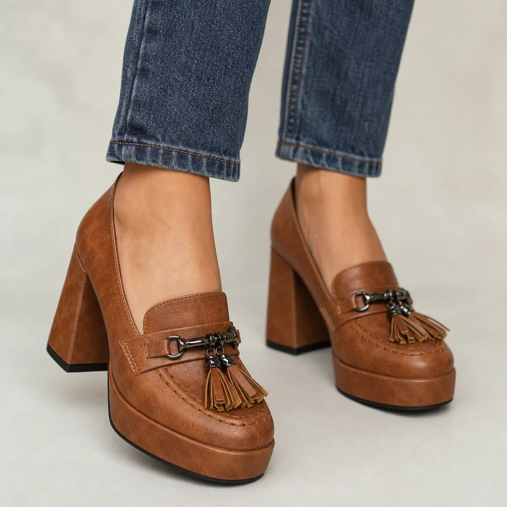 Thorne Tassel Platform Heels - Color:Light Brown;Size:35