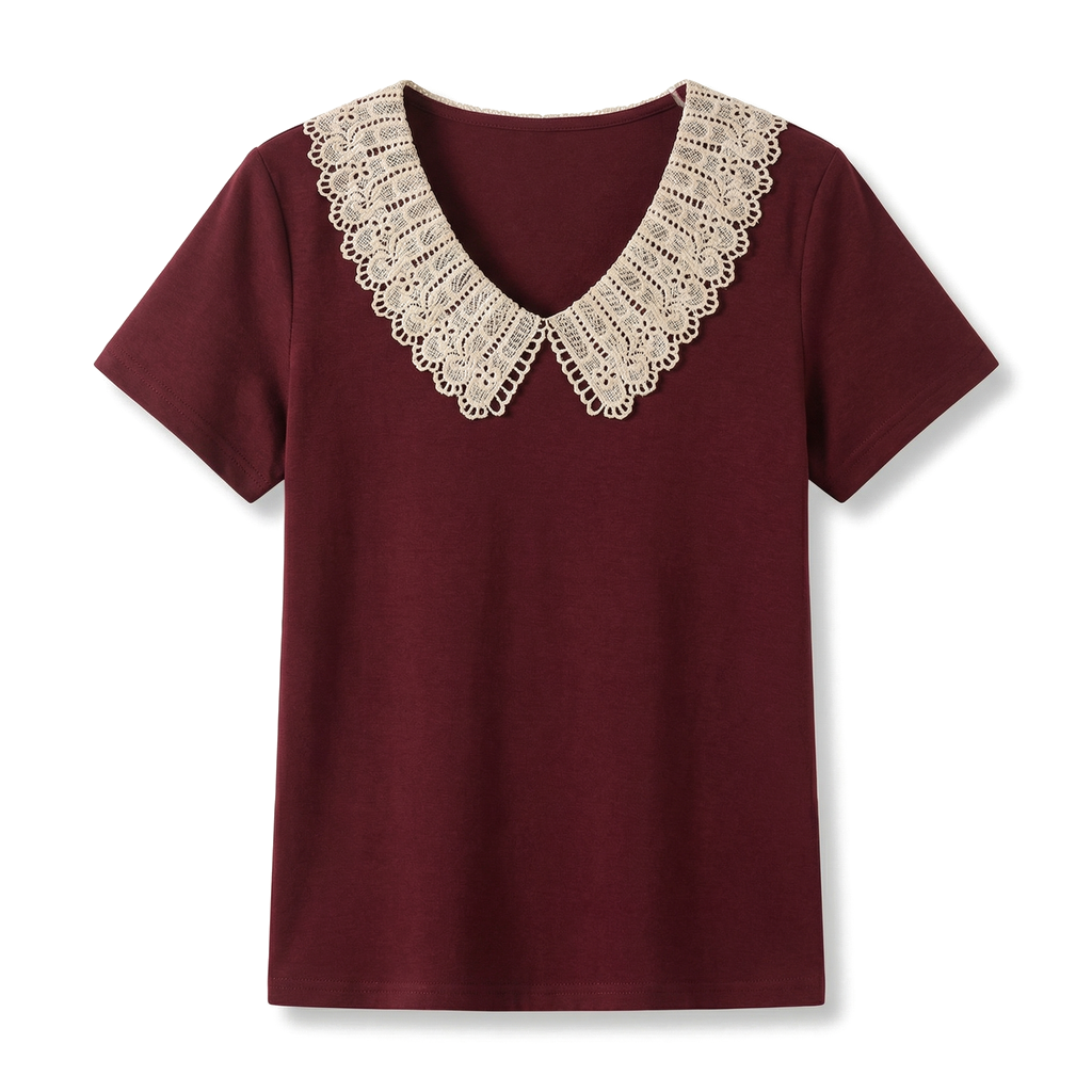 Tiffany Lace Trim Top - Color:Wine Red;Size:S