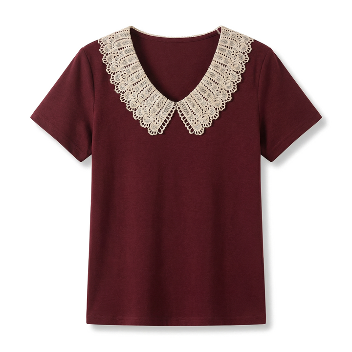 Tiffany Lace Trim Top - Color:Wine Red;Size:S
