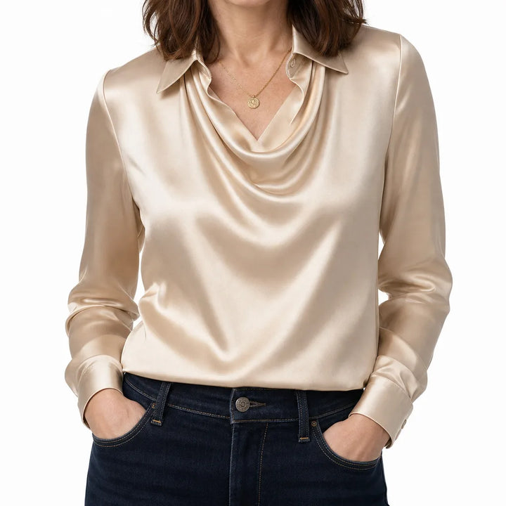 Tyrell | Womens Draped Collar Long Sleeve Blouse - Color:Beige;Size:XS