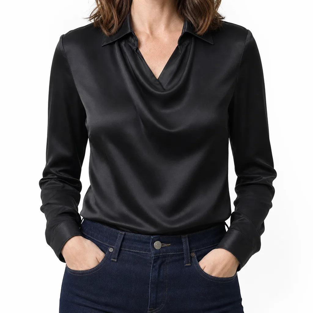 Tyrell | Womens Draped Collar Long Sleeve Blouse - Color:Black;Size:XS