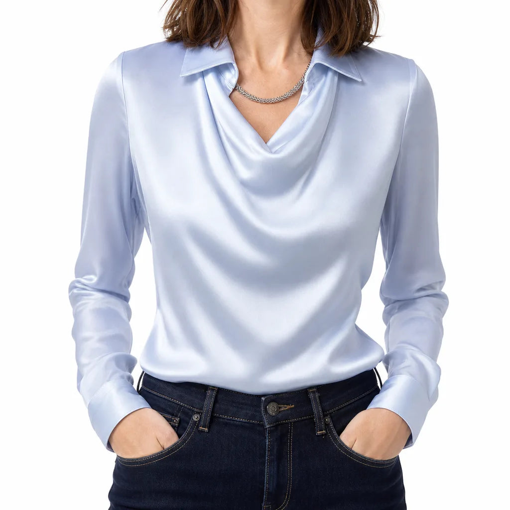 Tyrell | Womens Draped Collar Long Sleeve Blouse - Color:Blue;Size:XS