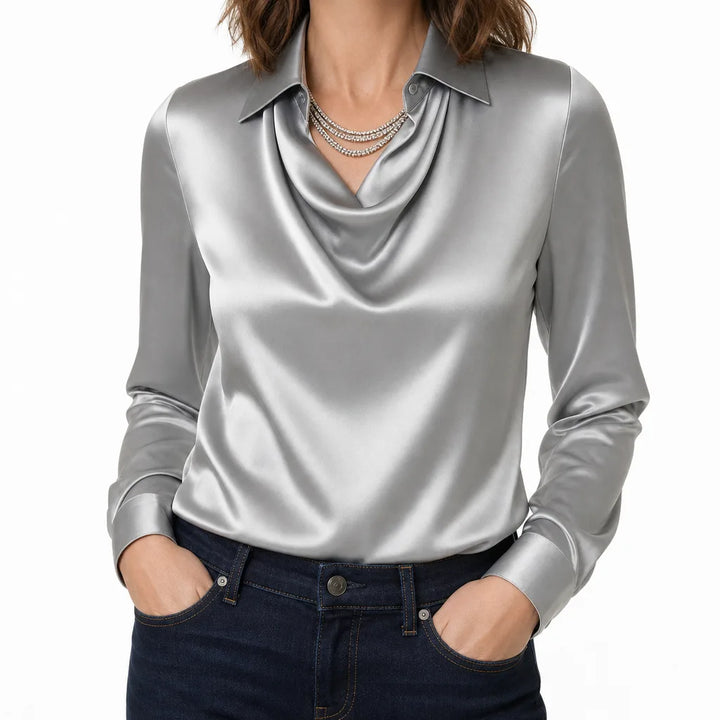 Tyrell | Womens Draped Collar Long Sleeve Blouse - Color:Gray;Size:XS