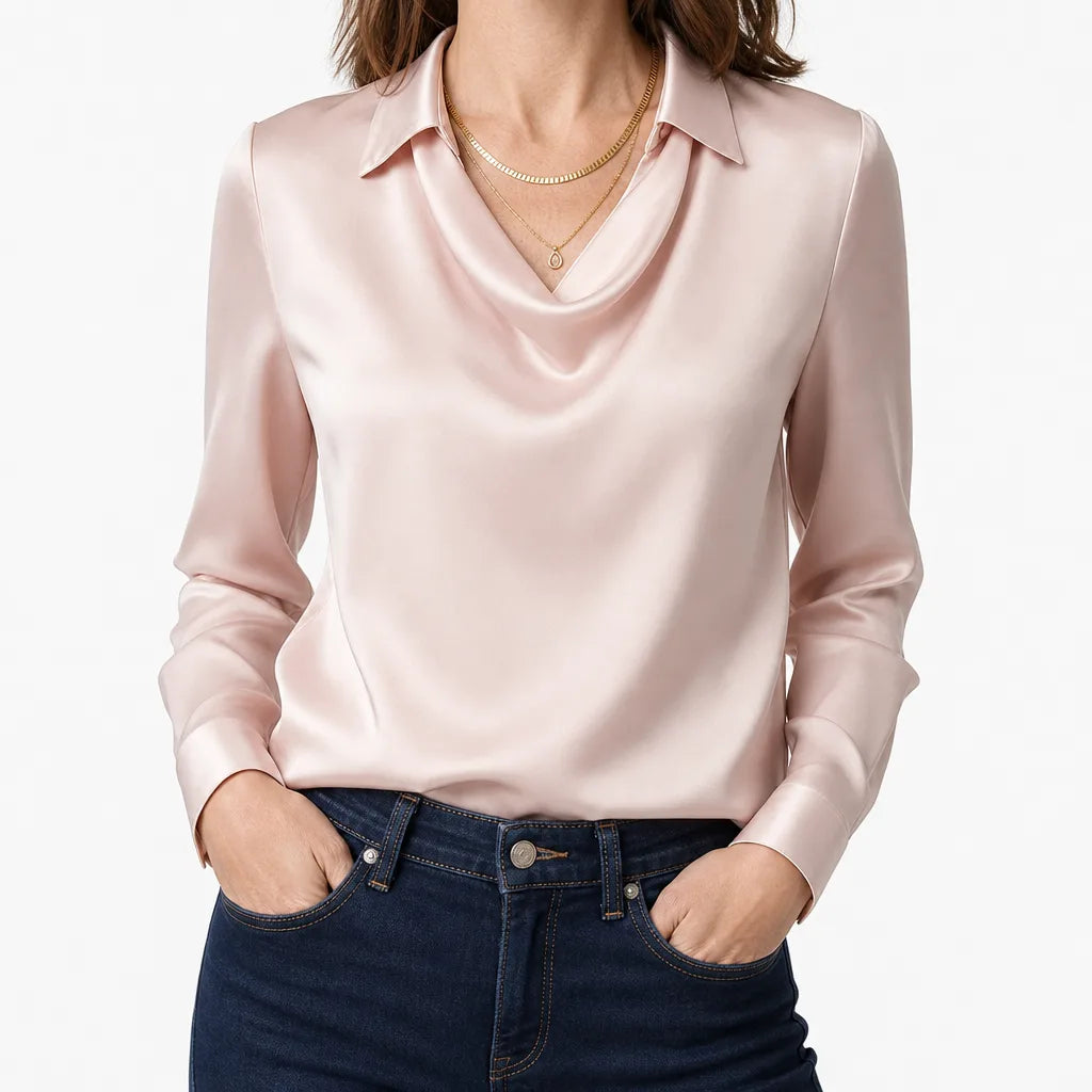 Tyrell | Womens Draped Collar Long Sleeve Blouse - Color:Pink;Size:XS
