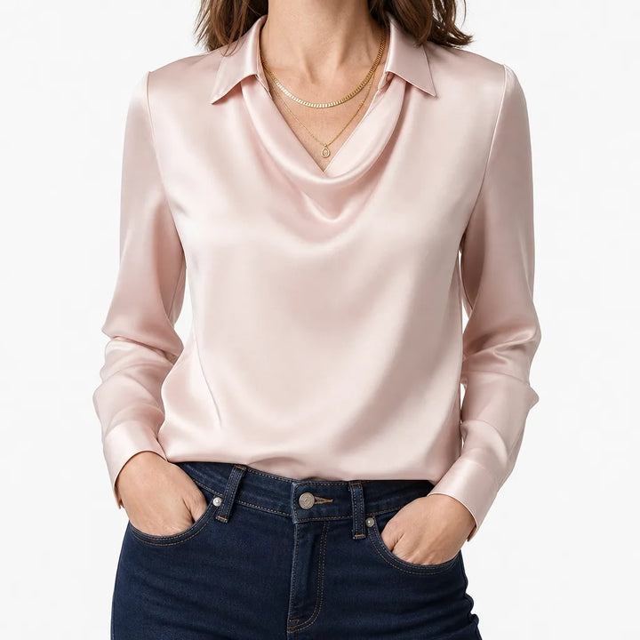 Tyrell | Womens Draped Collar Long Sleeve Blouse - Color:Pink;Size:XS