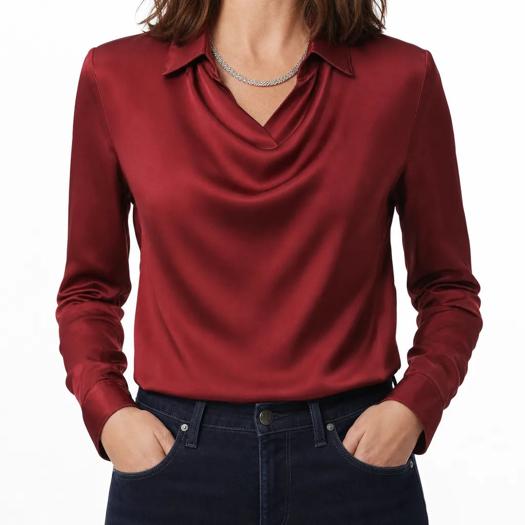 Tyrell | Womens Draped Collar Long Sleeve Blouse - Color:Red;Size:XS