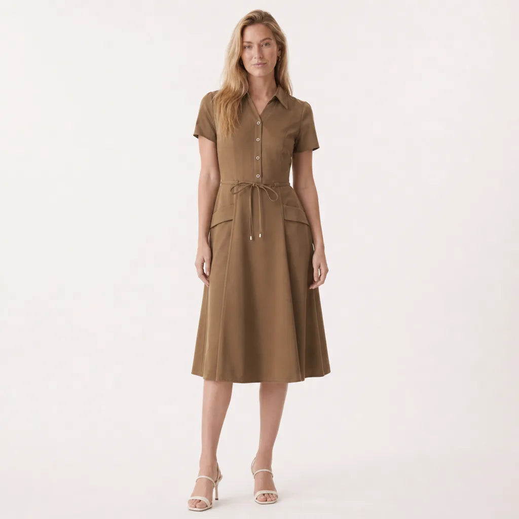 Valerie Belted Shirt Dress - Color:Beige;Size:S
