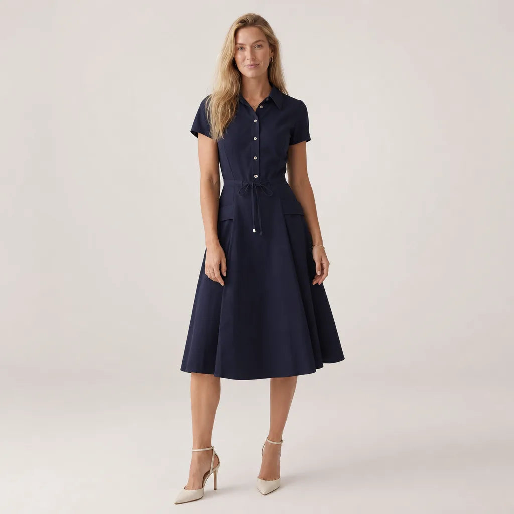 Valerie Belted Shirt Dress - Color:Blue;Size:S