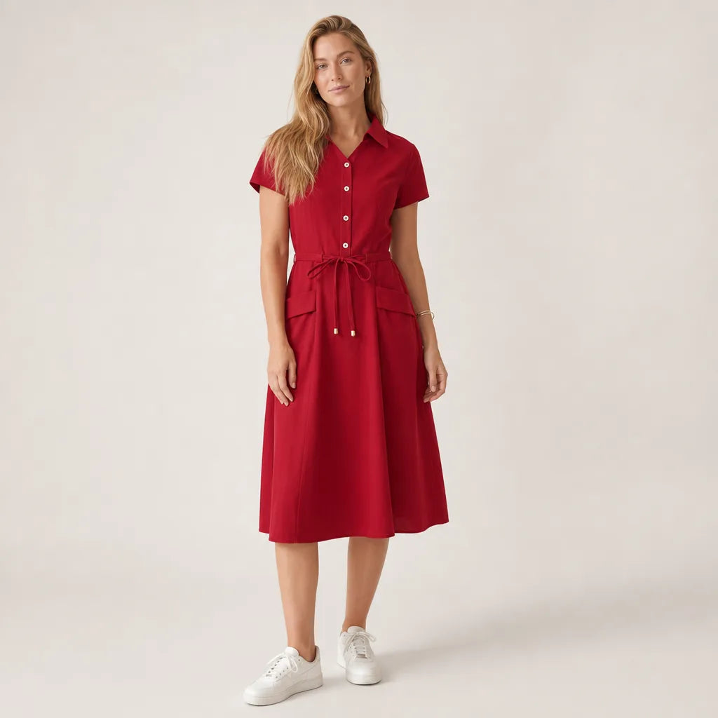 Valerie Belted Shirt Dress - Color:Red;Size:S